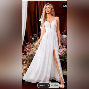 Appliques Leaf Embroidery Mesh Insert Split Thigh Chiffon Wedding Dress